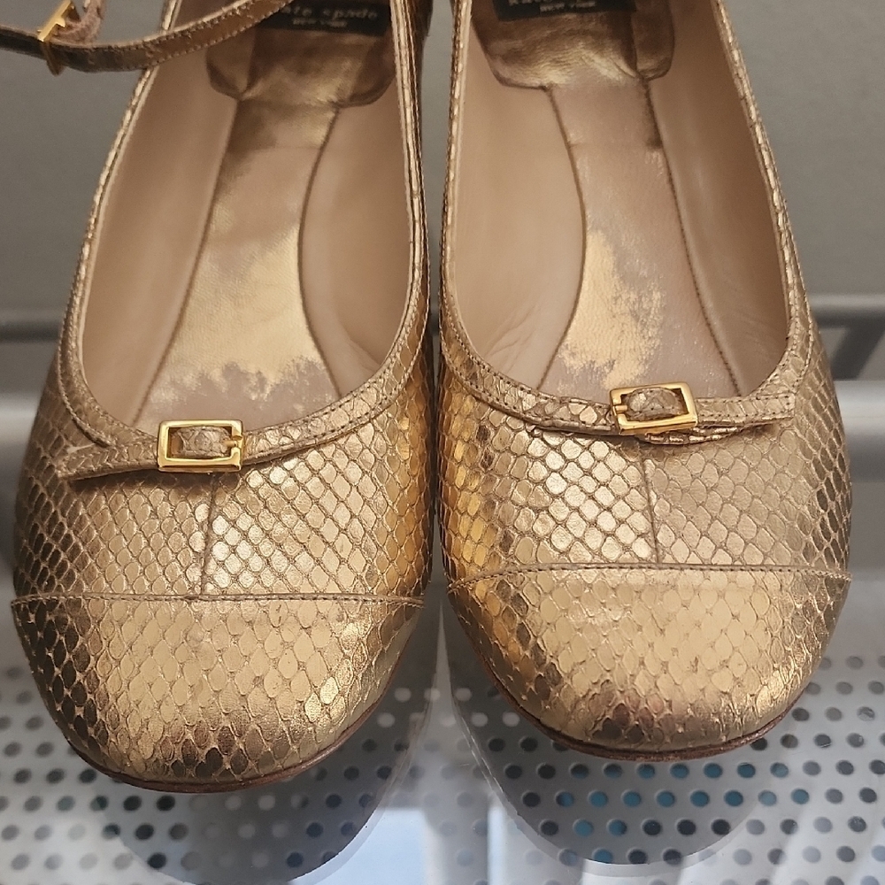 Kate Spade Gold Snakeskin Textured Mary Jane Ballet Flats Low Heel Classic Chic - Picture 3 of 10